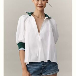 Mauve White Blouse with Green Trim